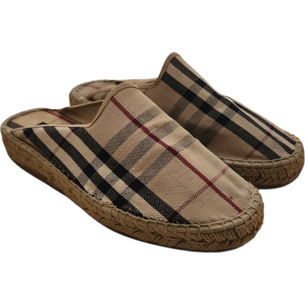 Burberry House Check Canvas Espadrille Mules Beige Tan Plaid Shoes Womens 39
